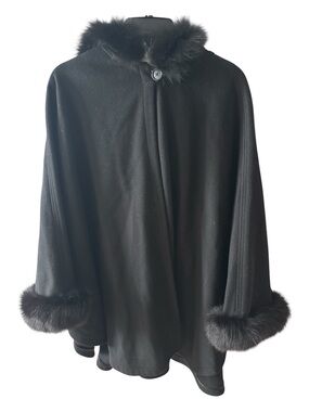 St. John Black Wool Blend Cape Coat with Fox Fur Trim Hood EUC